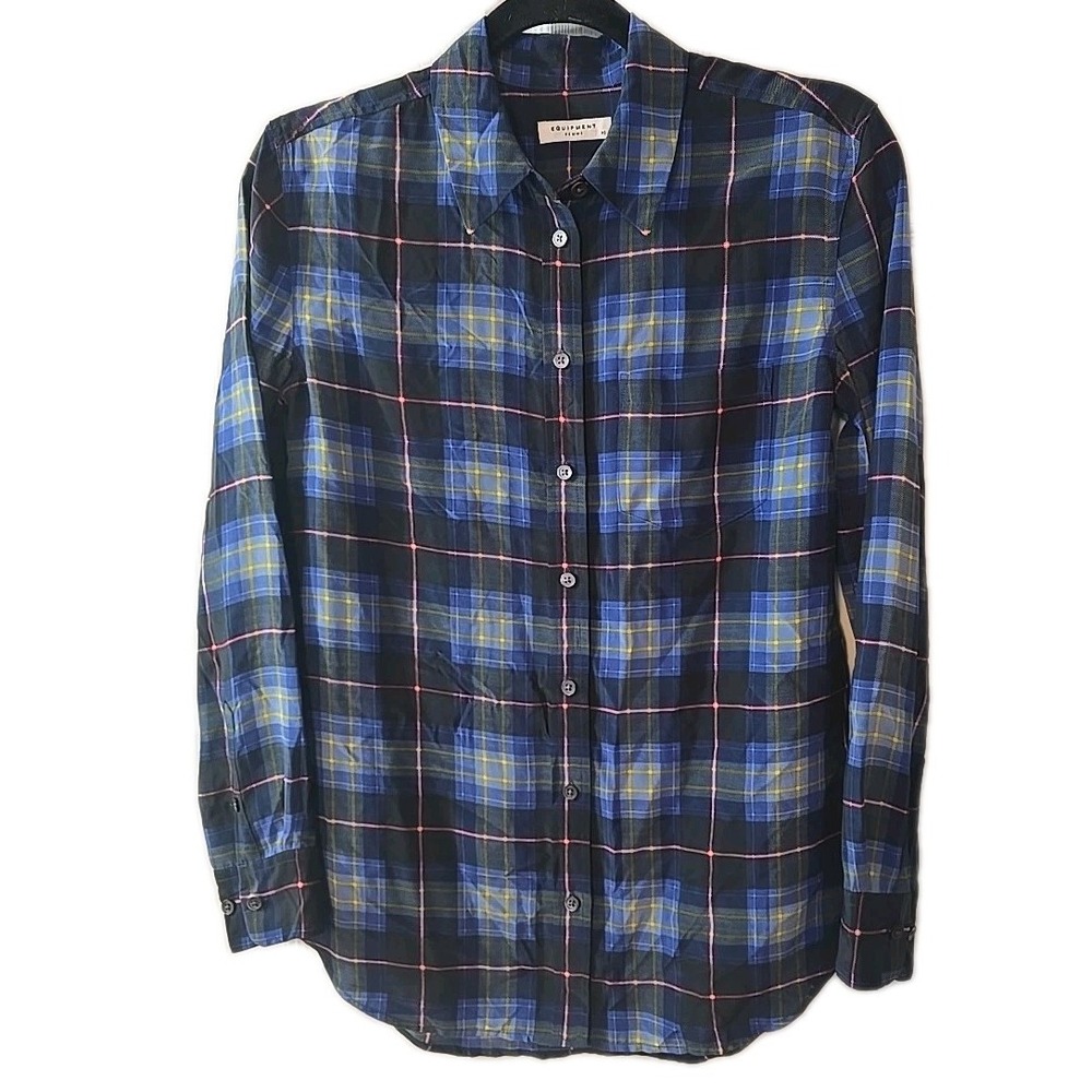 Equipment Femme Blue Black Plaid Long Sleeve Button Up 100% Silk Shirt Size XS
